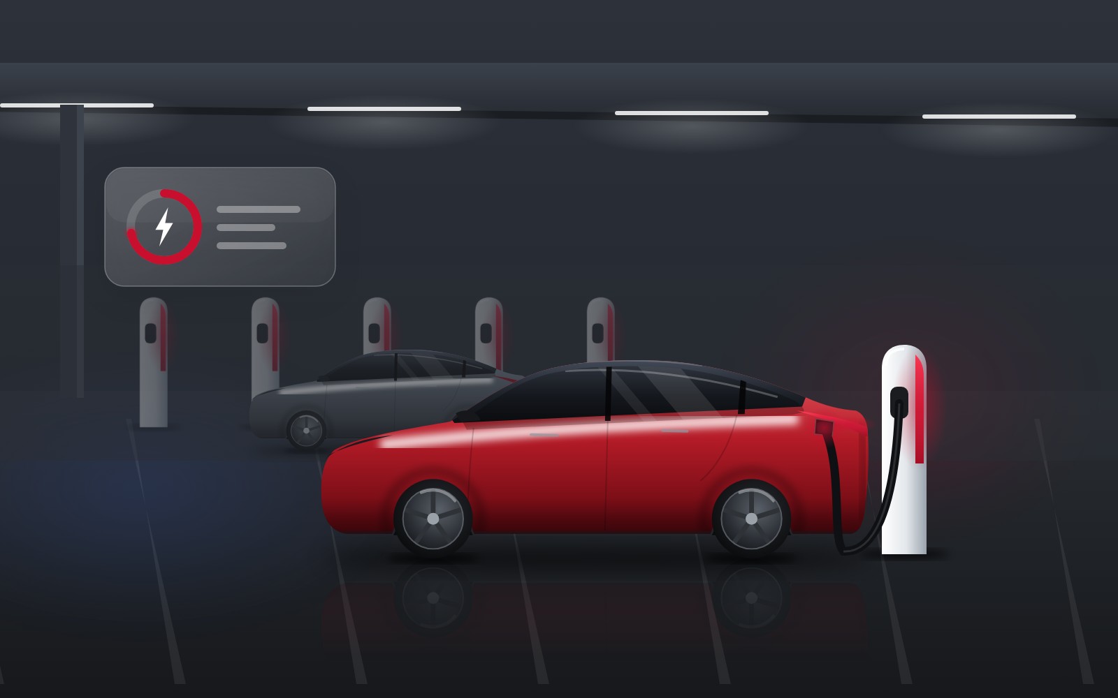 Illustration av en röd Model Y som backat in vid en Supercharger, med laddkabeln i laddluckan bak till vänster