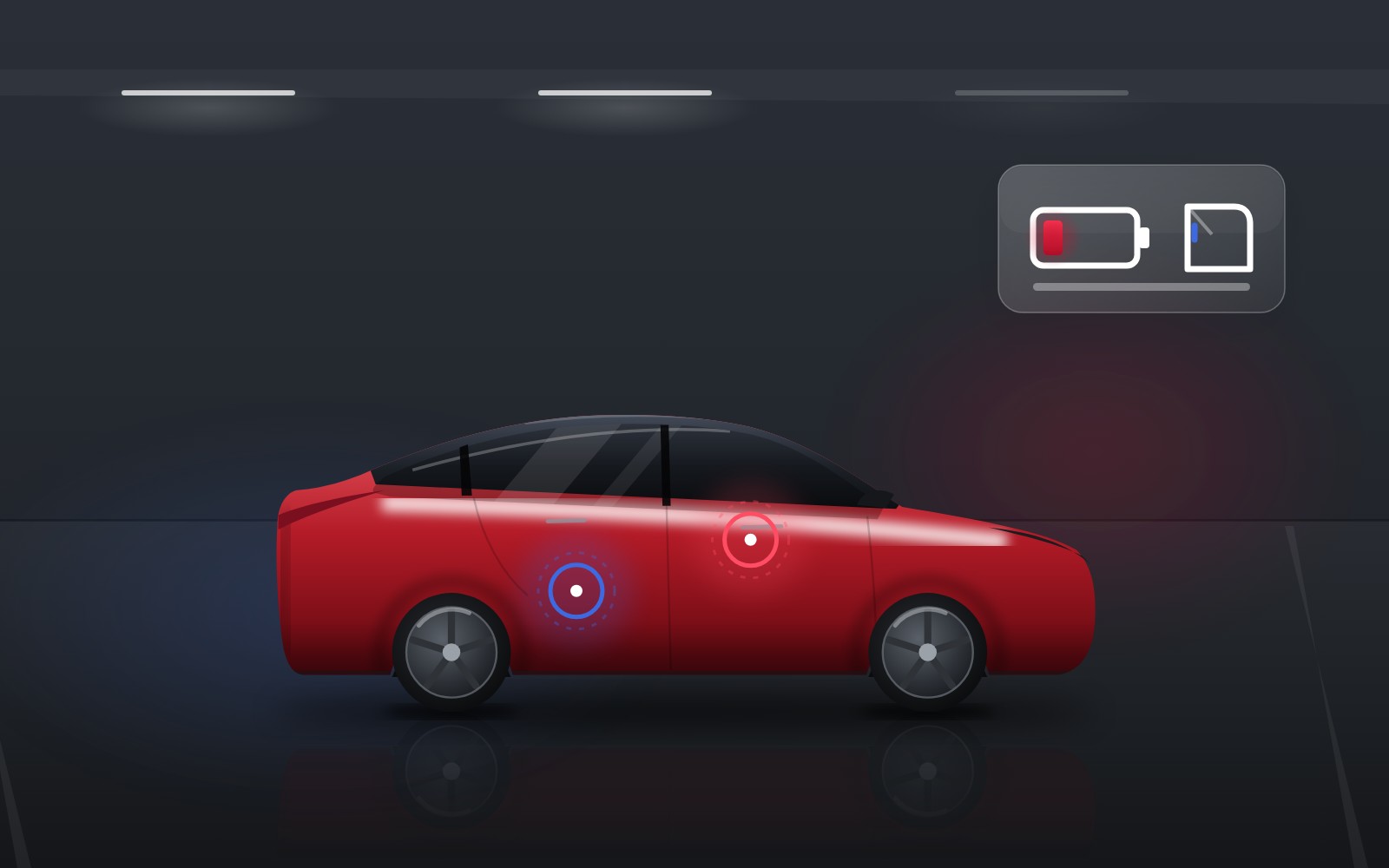 Illustration av en röd Model Y utan ström i ett garage, med markeringar vid framdörrens och bakdörrens nödöppning