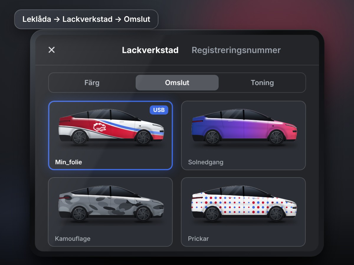 Bilskärmen i Lackverkstad med fliken Omslut vald och fyra bilar med olika folier, där den egna folien med tesma-igelkotten är markerad