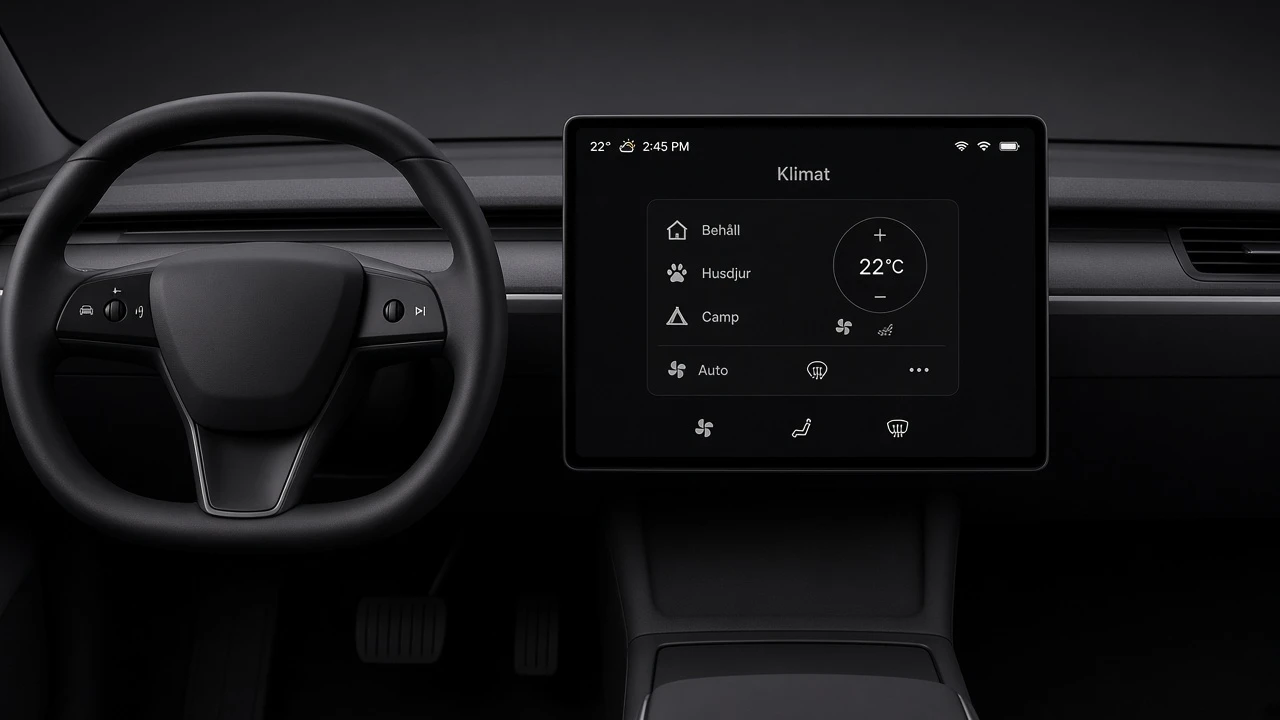 Illustration av Teslas klimatskärm med knapparna Behåll, Husdjur och Camp