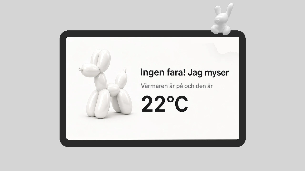 Teslas skärm i husdjursläge med ballongfigur och kupétemperatur