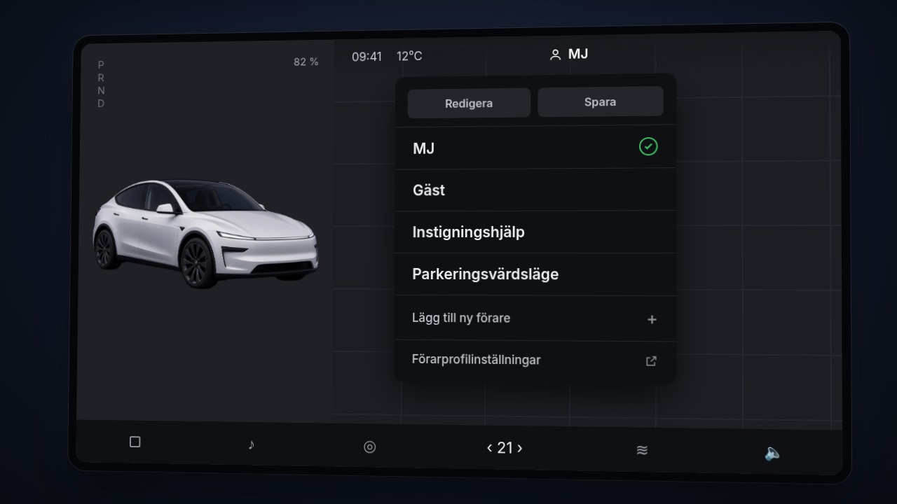 Två förarprofiler i en vit Tesla Model Y med sätet inställt för respektive förare