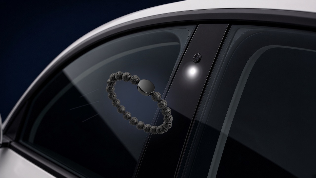 Armband med Tesla-nyckel av svarta lavastenspärlor med en blank svart platta