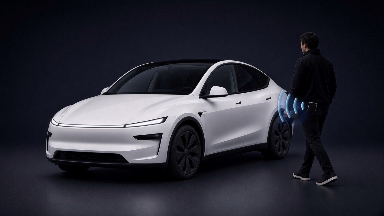 Person med telefonen i fickan går fram till en vit Tesla Model Y som låses upp automatiskt